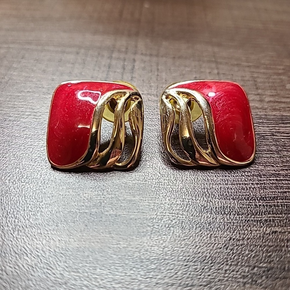 Red & Gold Tone‎ Earrings Square Statement Stud Fashion Jewelry